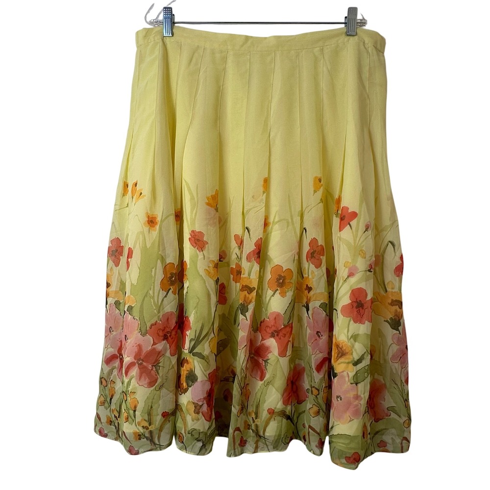 Coldwater Creek Yellow Floral Chiffon Pleated Midi Skirt XL Watercolor Print